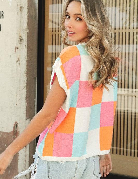 Multi-Color Checker Sweater Vest Sweaters