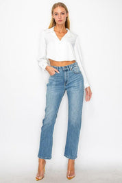 PLUS - TUMMY CONTROL HIGH RISE STRAIGHT JEANS MEDIUM STONE WASH