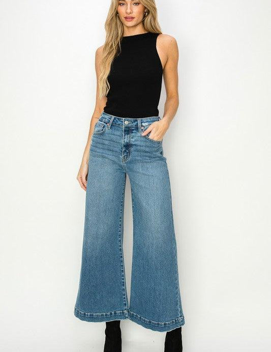 HIGH RISE CROP PALAZZO JEANS MEDIUM STONE WASH