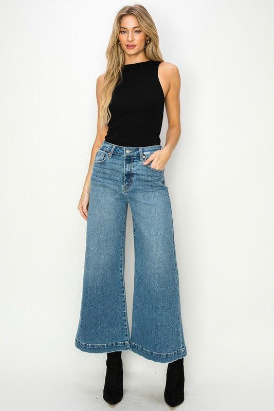 HIGH RISE CROP PALAZZO JEANS MEDIUM STONE WASH