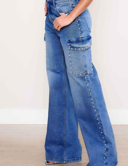 Pearl High-Rise Wide Leg Cargo Jeans Medium Stone Jeans