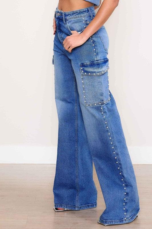 Pearl High-Rise Wide Leg Cargo Jeans Medium Stone Cargo Jeans