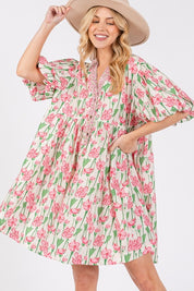 SAGE + FIG Floral Half Button Notched Puff Sleeve Dress Pink