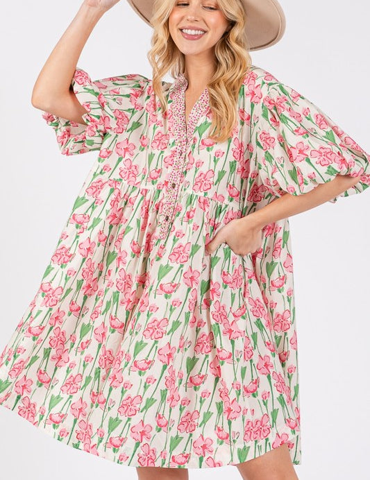 SAGE + FIG Floral Half Button Notched Puff Sleeve Dress Pink