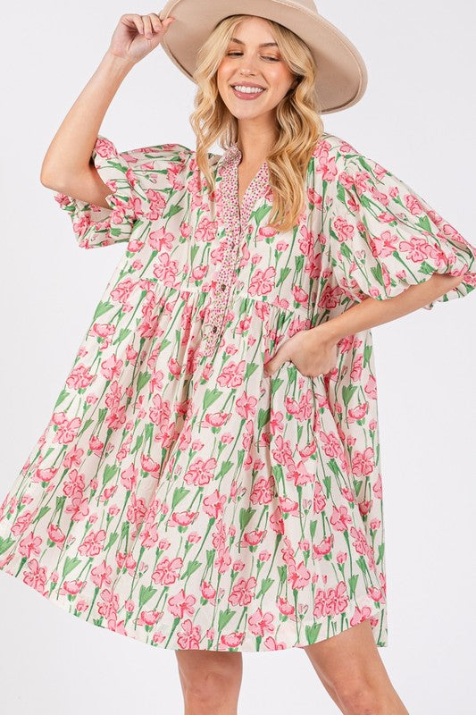 SAGE + FIG Floral Half Button Notched Puff Sleeve Dress Pink M Mini Dresses