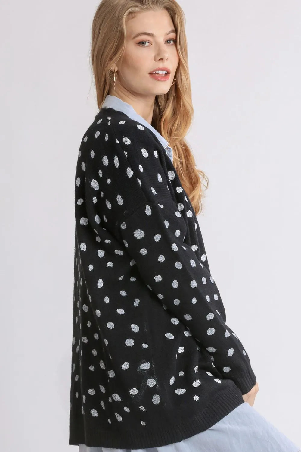 Umgee Polka Dot Open Front Drop Shoulder Cardigan | Daverri Fashions