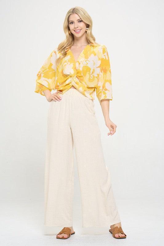 Renee C Yellow Front Twist Floral Top - DAVERRI FASHIONS