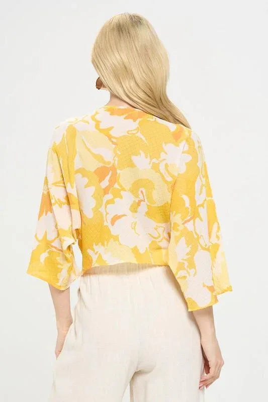 Renee C Yellow Front Twist Floral Top - DAVERRI FASHIONS