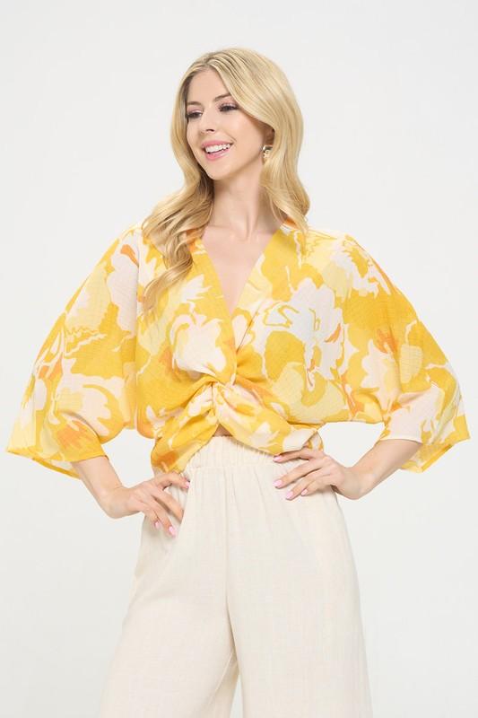 Renee C Yellow Front Twist Floral Top Shirts & Tops