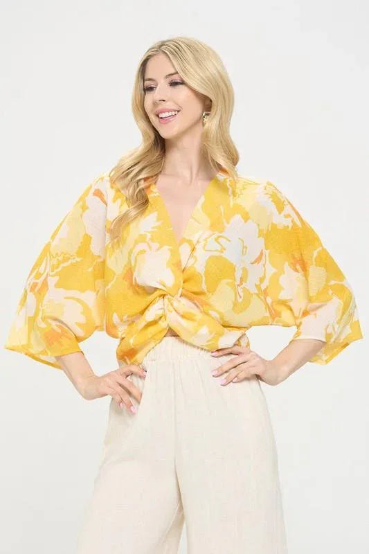 Renee C Yellow Front Twist Floral Top - DAVERRI FASHIONS
