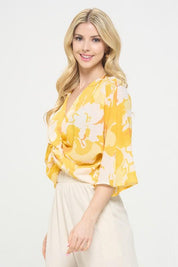 Renee C Yellow Front Twist Floral Top Shirts & Tops