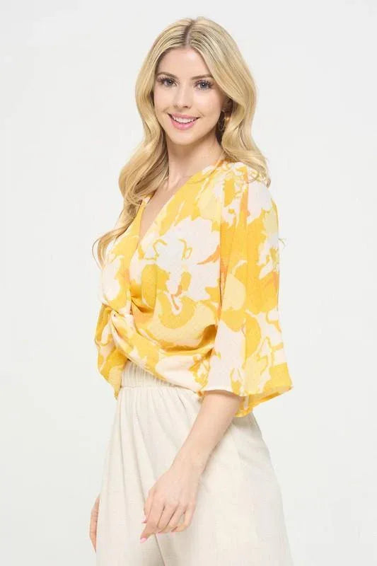 Renee C Yellow Front Twist Floral Top - DAVERRI FASHIONS