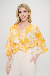 Renee C Yellow Front Twist Floral Top Yellow Shirts & Tops