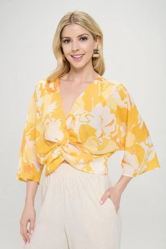 Renee C Yellow Front Twist Floral Top - DAVERRI FASHIONS