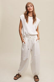 Athleisure French Terry Loose Jogger Jumpsuit Cream Athleisure Sets