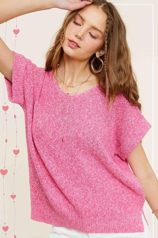Soft Lightweight V-Neck Short Sleeve Sweater Top CANDY Sweaters