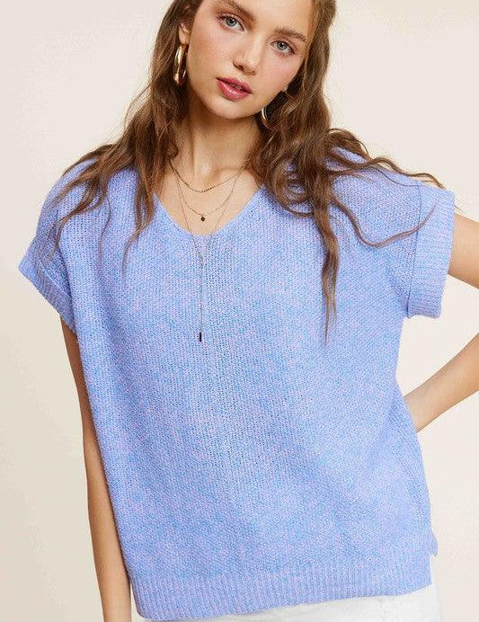 Soft Lightweight V-Neck Short Sleeve Sweater Top Sweaters