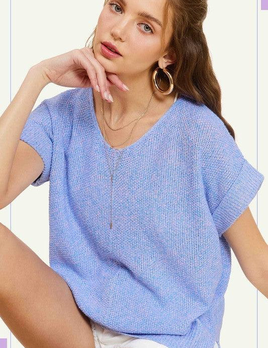 Soft Lightweight V-Neck Short Sleeve Sweater Top PERIWINKLE Sweaters