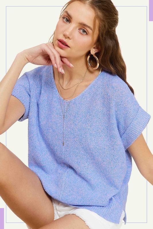 Soft Lightweight V-Neck Short Sleeve Sweater Top PERIWINKLE Sweaters