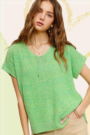 Soft Lightweight V-Neck Short Sleeve Sweater Top MELON Sweaters