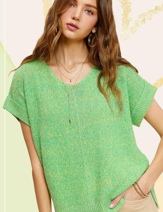 Soft Lightweight V-Neck Short Sleeve Sweater Top MELON Sweaters