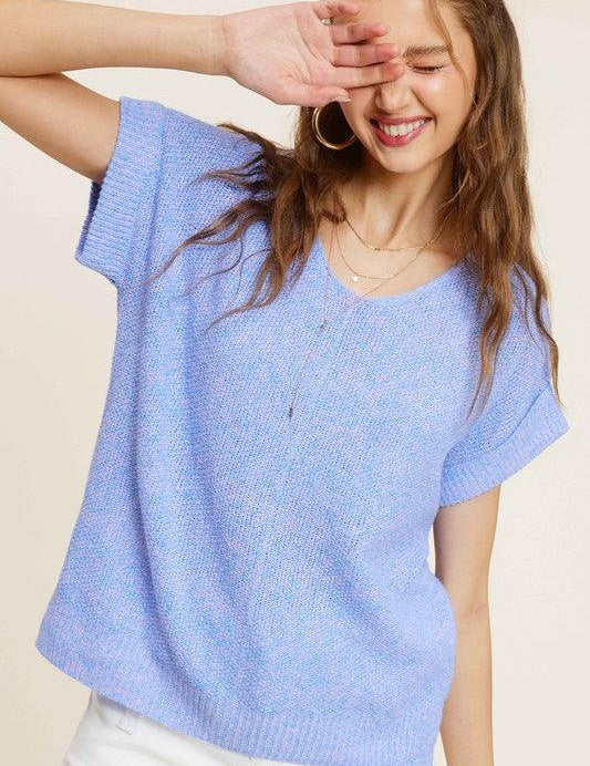 Soft Lightweight V-Neck Short Sleeve Sweater Top Sweaters