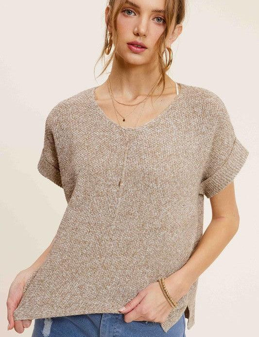 Soft Lightweight V-Neck Short Sleeve Sweater Top Sweaters