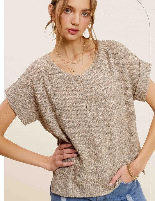 Soft Lightweight V-Neck Short Sleeve Sweater Top TAUPE Sweaters