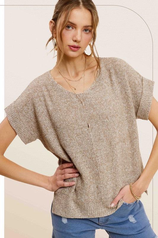 Soft Lightweight V-Neck Short Sleeve Sweater Top TAUPE Sweaters