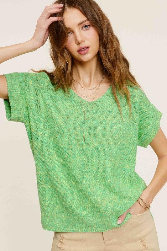 Soft Lightweight V-Neck Short Sleeve Sweater Top Sweaters