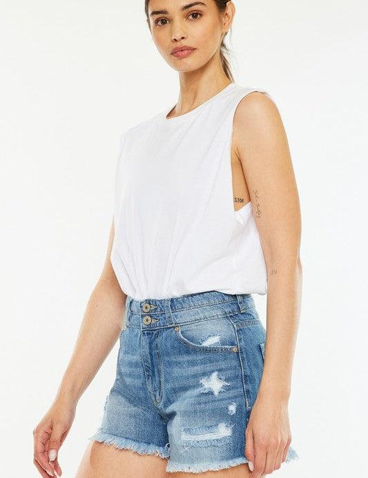 Kancan High Rise Frayed Hem Jean Shorts Shorts