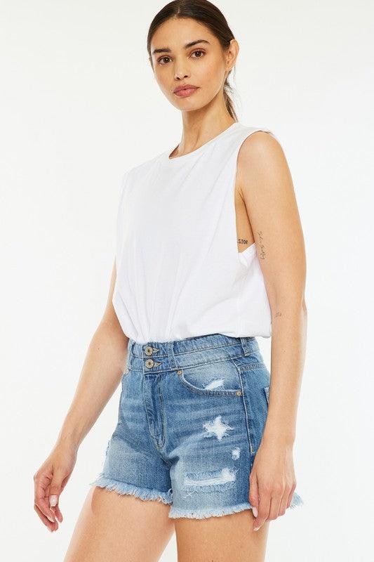 Kancan High Rise Frayed Hem Jean Shorts Shorts