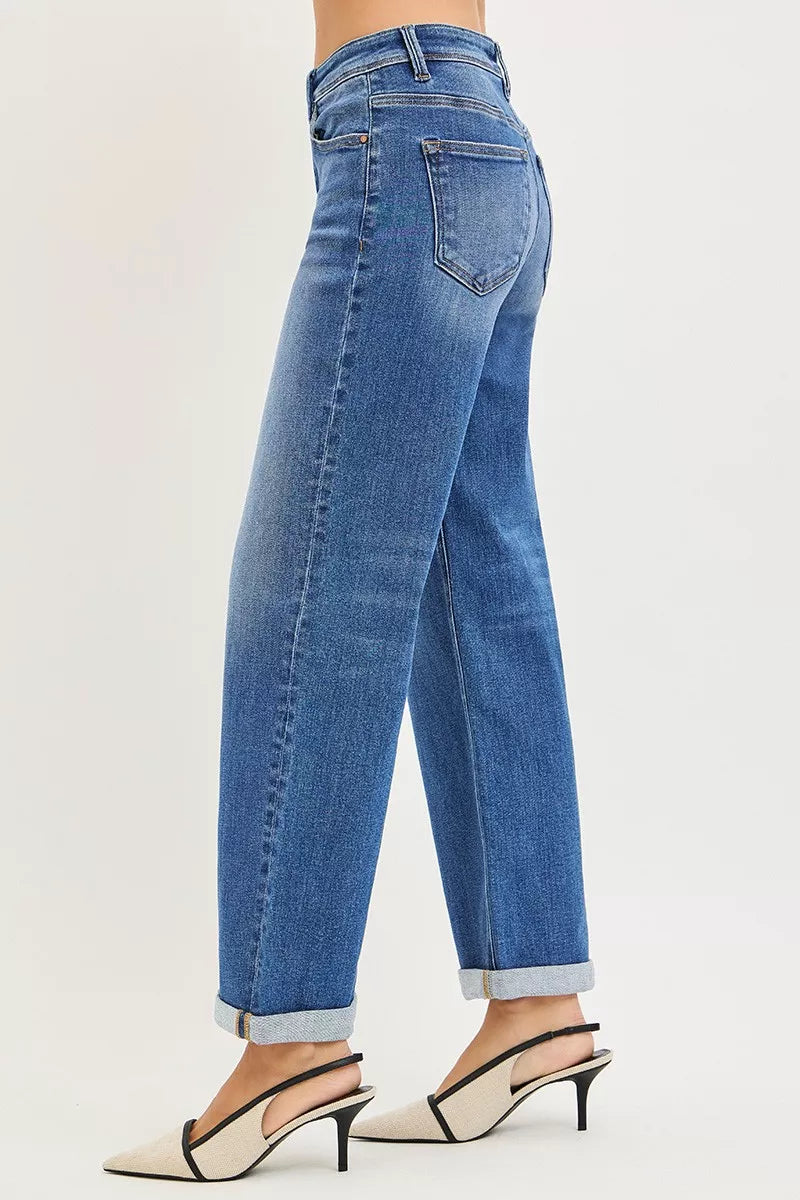 RISEN high-rise relaxed fit ankle straight cuff blue denim jeans