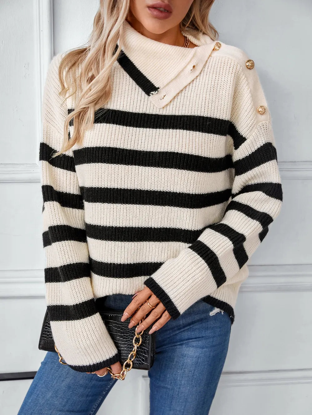 Buttoned Striped Long Sleeve Sweater | Sweaters Daverri Fashions