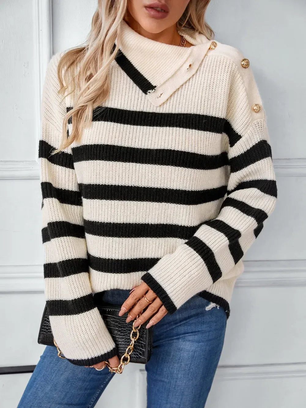 Buttoned Striped Long Sleeve Sweater - DAVERRI FASHIONS