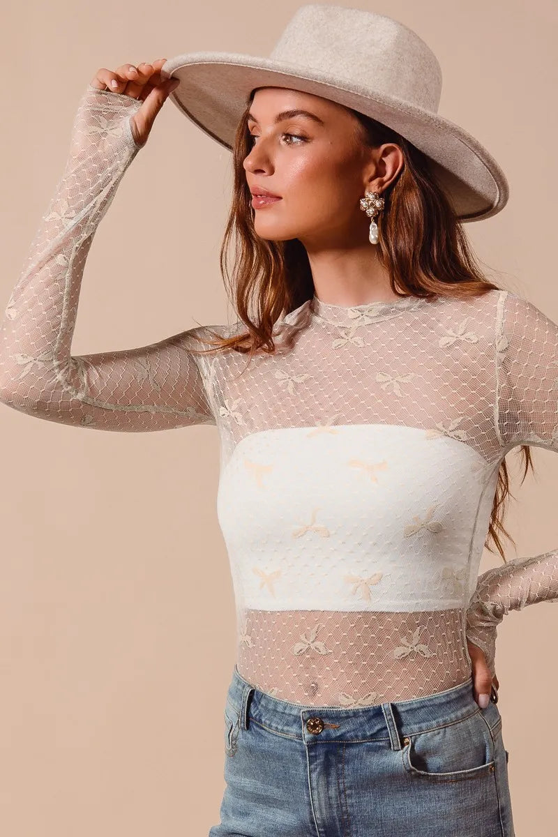 SO ME Bow Ribbon Pattern Sheer Lace Top OATMEAL Tops
