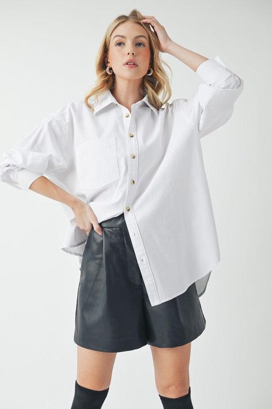 Aemi + Co High-Low Collared Neck Drop Shoulder Shirt - DAVERRI FASHIONS