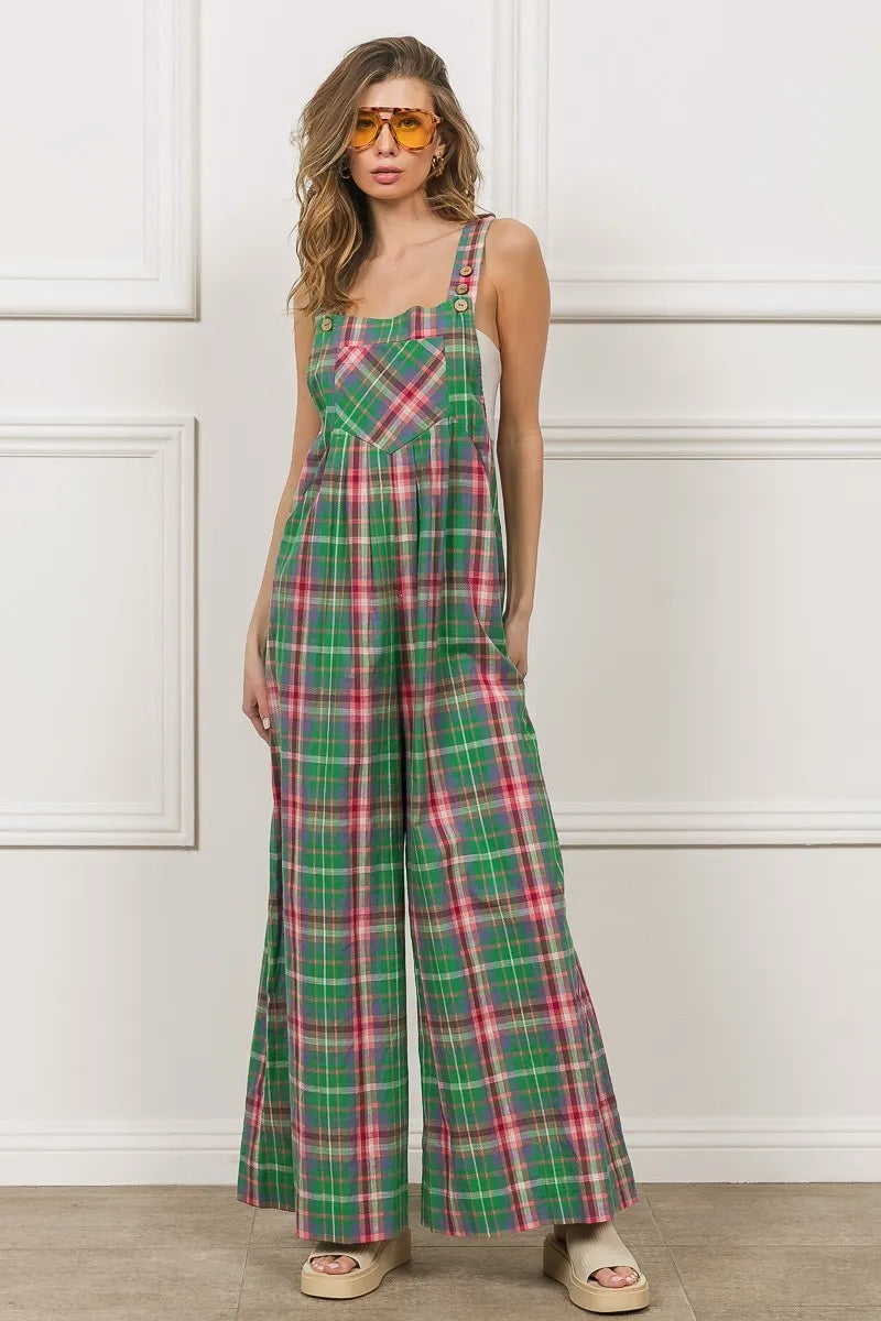 BiBi Multi Color Check Plaid Overall JADE PINK L Overalls