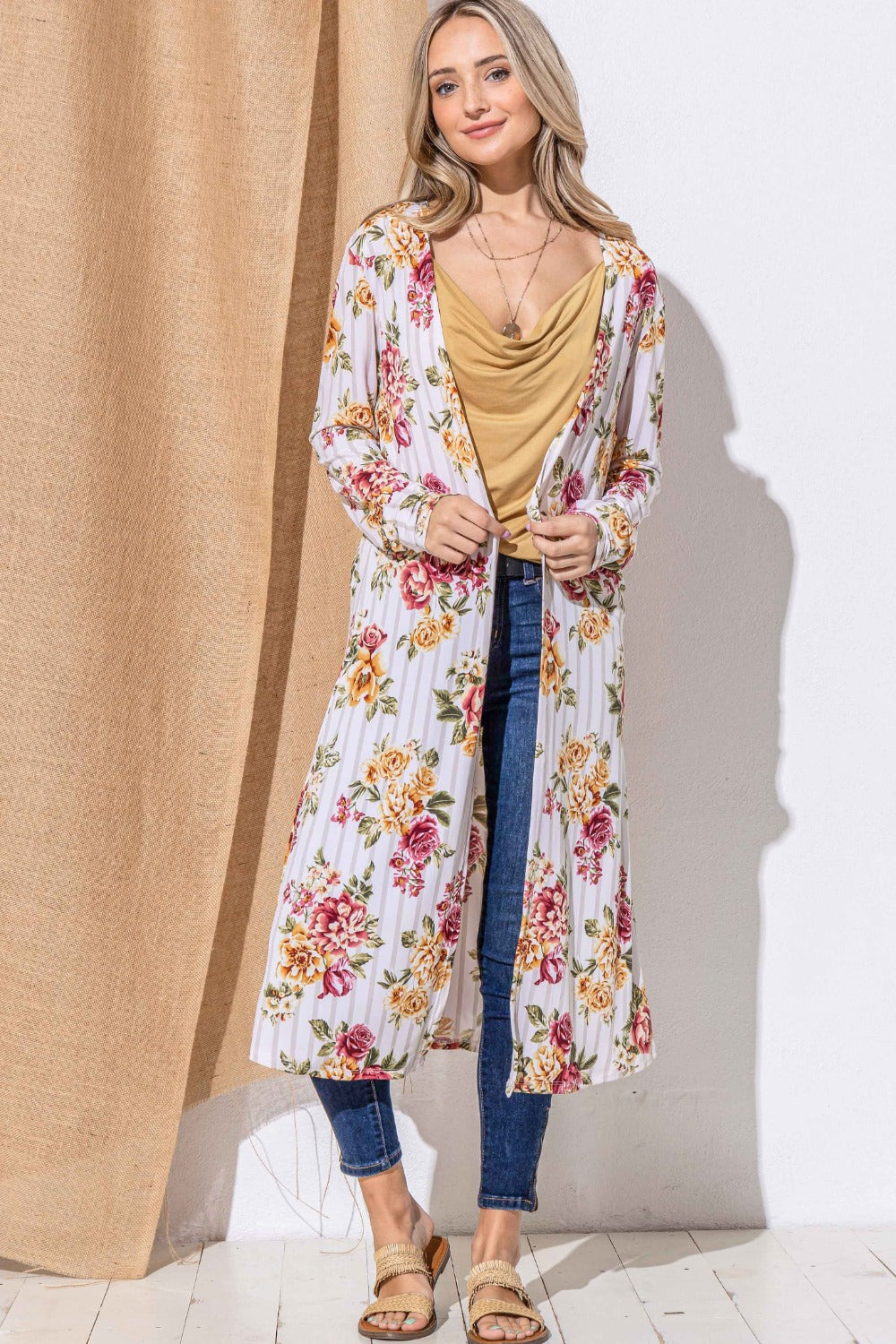 And The Why Floral Kimono Open Front Longline Cardigan Burgundy Stripe Cardigans