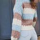 Cozy color block button-up cardigan in blue, beige, mauve stripes