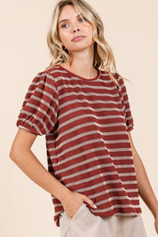 Mittoshop Contrast Striped Short Puff Sleeve Knit Top