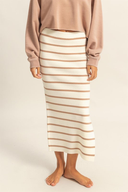 HYFVE Side Slit Striped Bodycon Sweater Skirt Tan Skirts