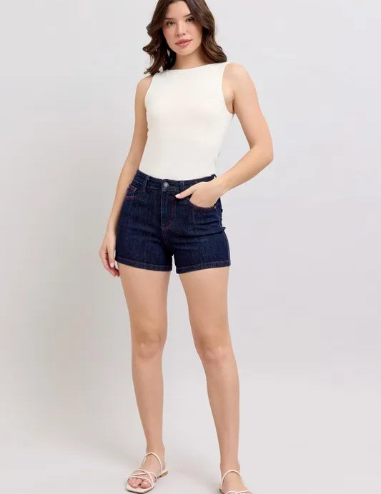 DK L Judy Blue High Waist Heart Shaped Pkts & Red Contrast Thread Denim Shorts L | Bottoms Daverri Fashions