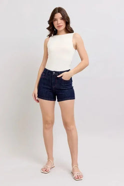 Judy Blue High Waist Heart Shaped Pkts & Red Contrast Thread Denim Shorts L - DAVERRI FASHIONS
