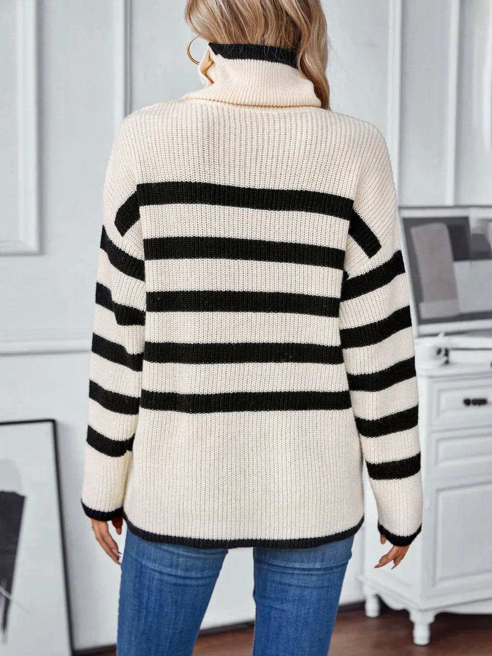Buttoned Striped Long Sleeve Sweater | Sweaters Daverri Fashions