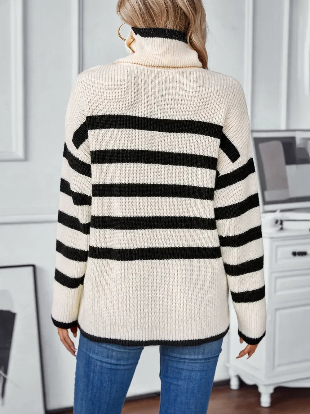 Buttoned Striped Long Sleeve Sweater - DAVERRI FASHIONS