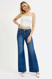 RISEN Plus Size Tummy Control Mid Rise Ankle Wide Flare Jeans | Jeans Daverri Fashions