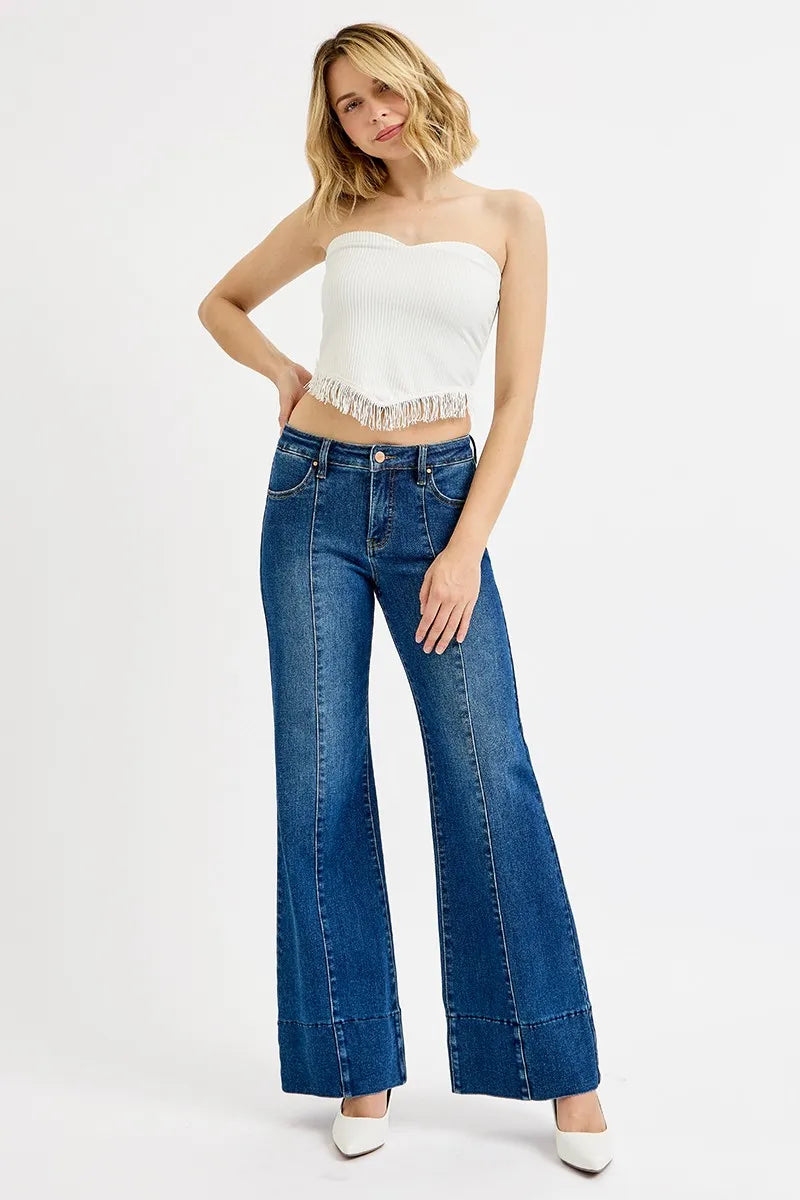 RISEN Full Size Tummy Control Mid Rise Ankle Wide Flare Jeans Plus Size