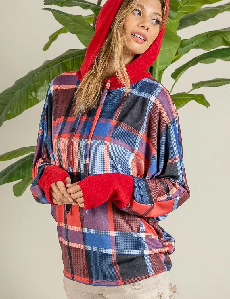 BiBi Plaid Mirr Brushed Rib Contrast Thumb Open Hoodie | Hoodies Daverri Fashions