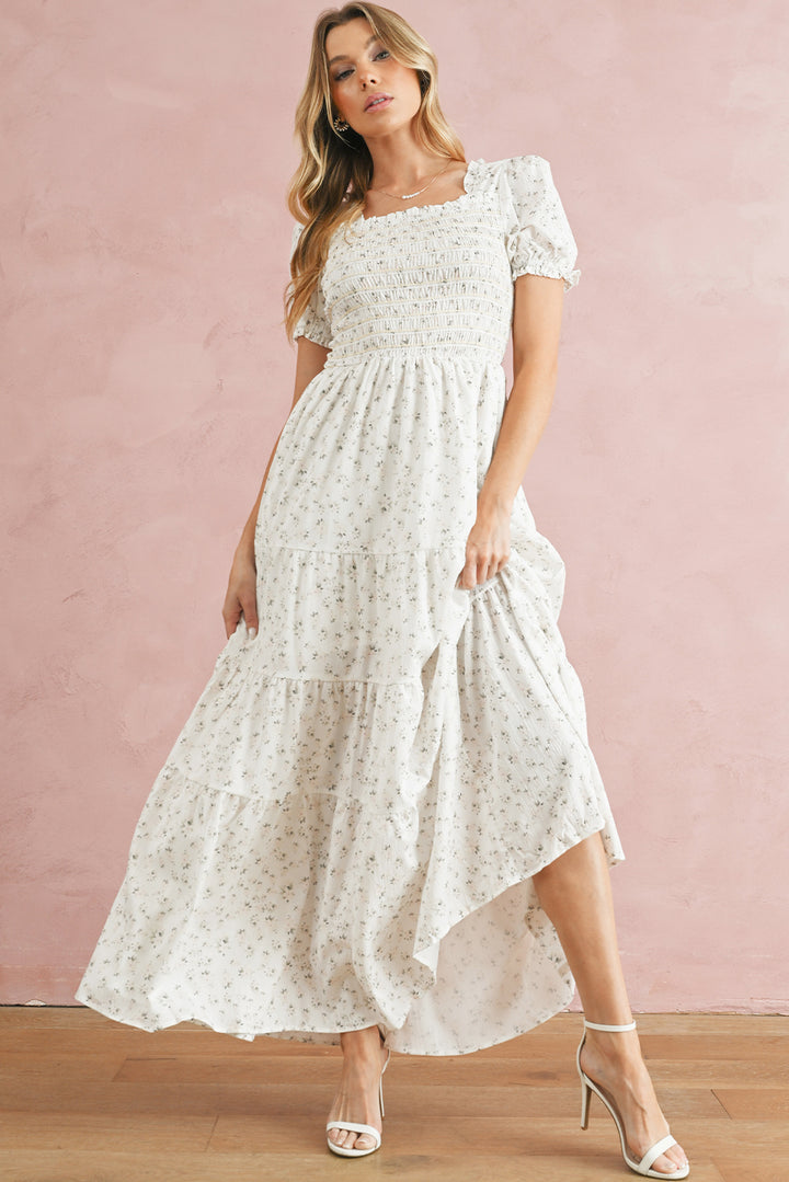 White Frill Neckline Shirred Bodice Floral Maxi Dress Maxi Dresses